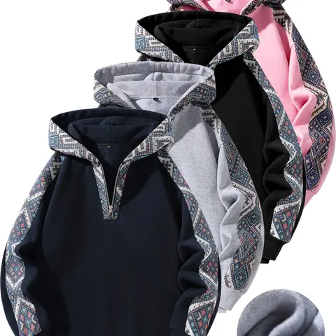 Menswear Men's Longsleeve Patterned Fleece Full-Zip Hoodie - Loose-Fitting Polyester Athletic Zipper Top, Casual Fashion Sweatshirt