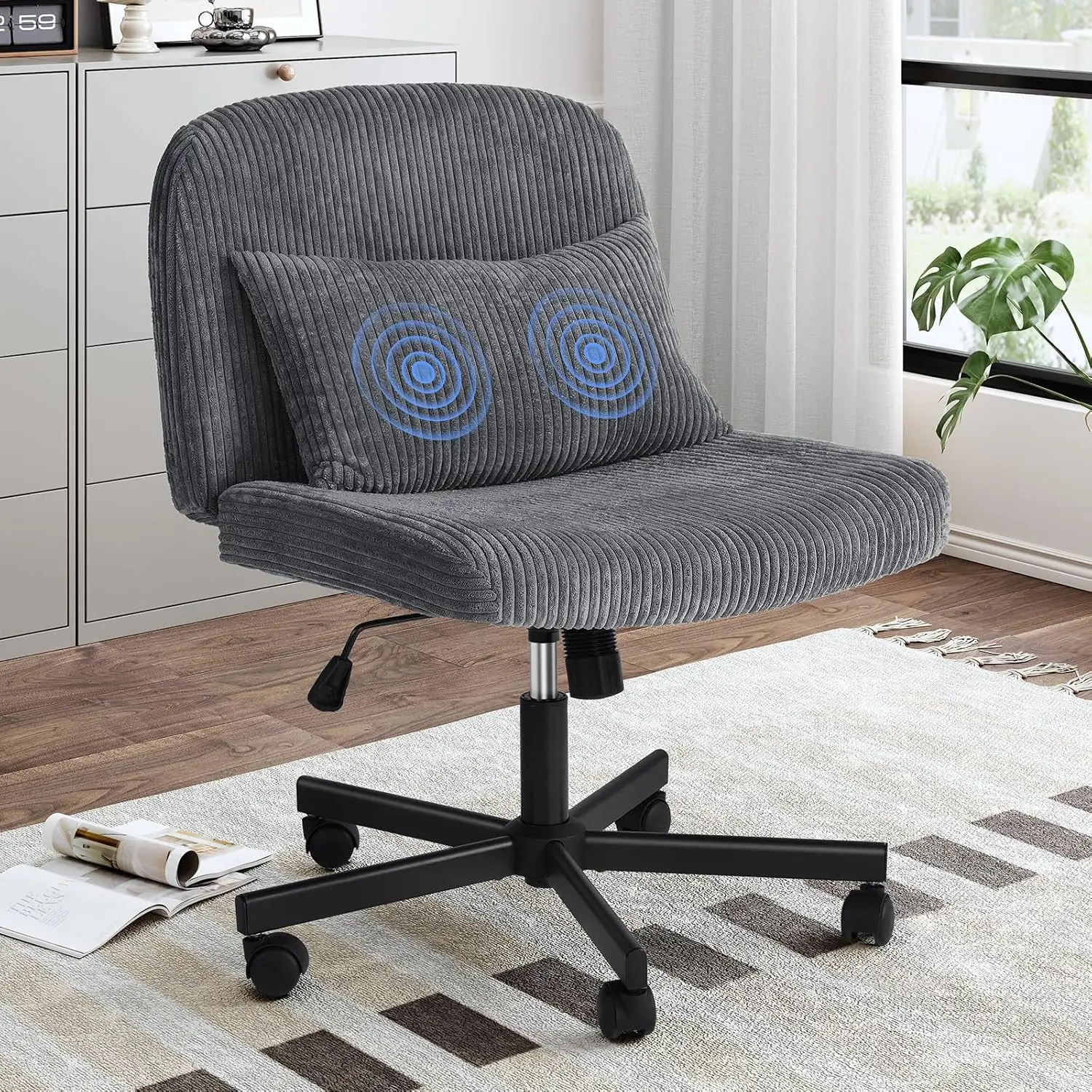 【FallDealsForYou】Criss Cross Chair with Wheels, Massage Cross Legged Office Chair with Double Layer Sponge Cushion, Corduroy Wide Armless Office Desk