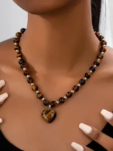 Fashion Meleah Tiger Eye Necklace, Natural Stone Heart Pendant, Heart Shaped Pendant, Stylish Jewelry for Women, Unique Design Accessory