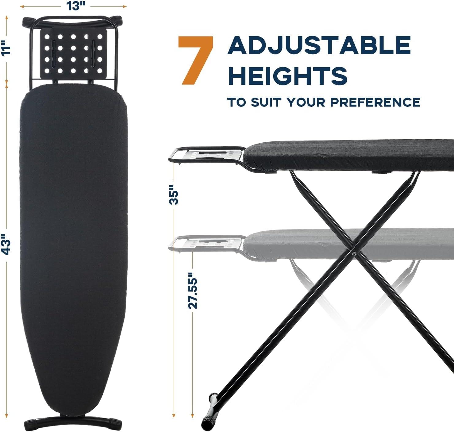 Ironing Board Full Size 54"x13" Heavy Duty Compact Ironing Board with Iron Rest, Heat Resistant Cover with Ultra Thick Padding, Height Adjustable Sturdy Iron Stand, Black