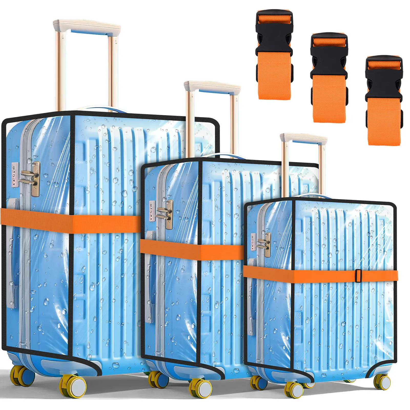 gray covers+orange luggage straps