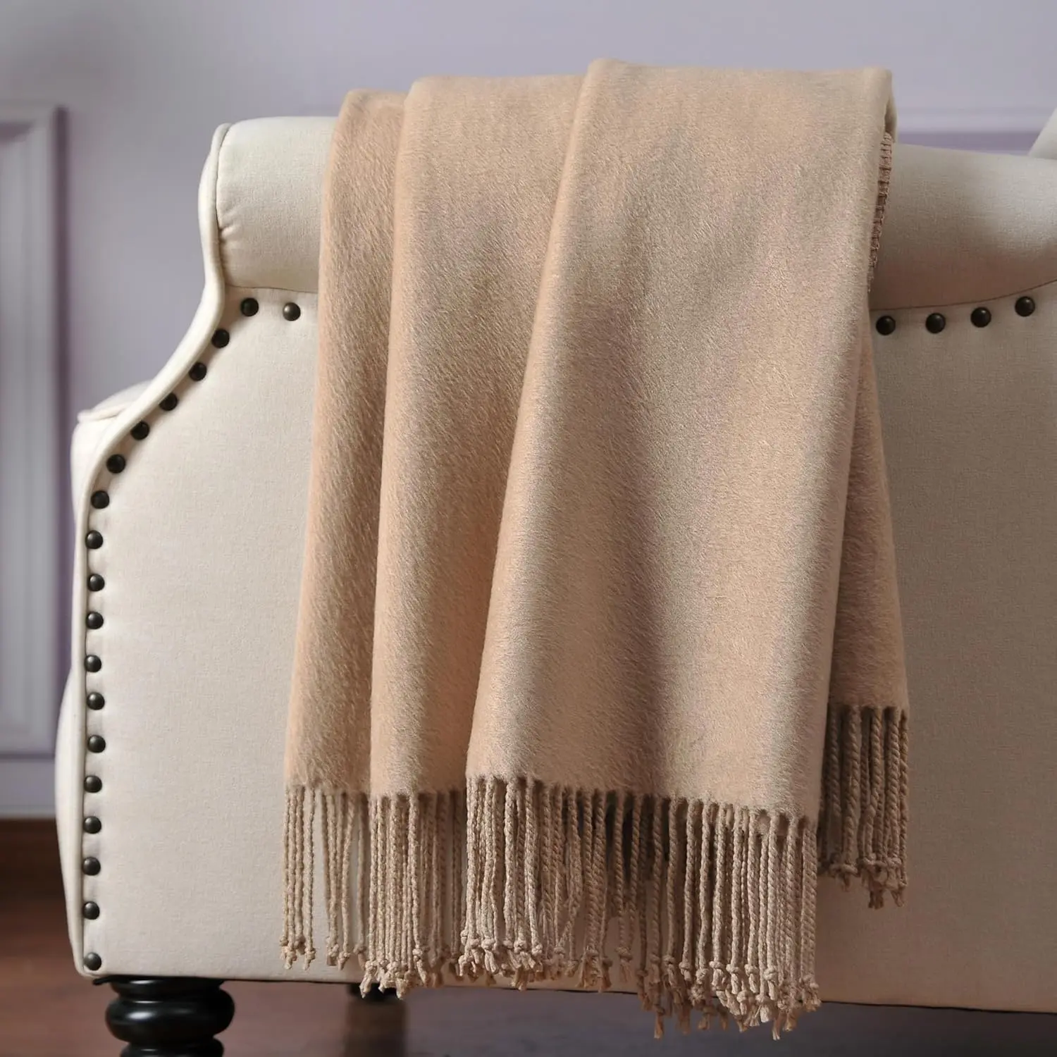Silk Throw Blanket with Hand-Knotted Fringe, , Soft & Breathable (Taupe)
