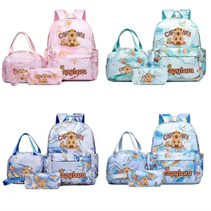 3pc Cracked Design Backpack Set, Cute Cartoon Capybara Theme, Multiple Colors, Durable Material, Computer Compartment, Lunch Bag & Pencil Case, School Backpack