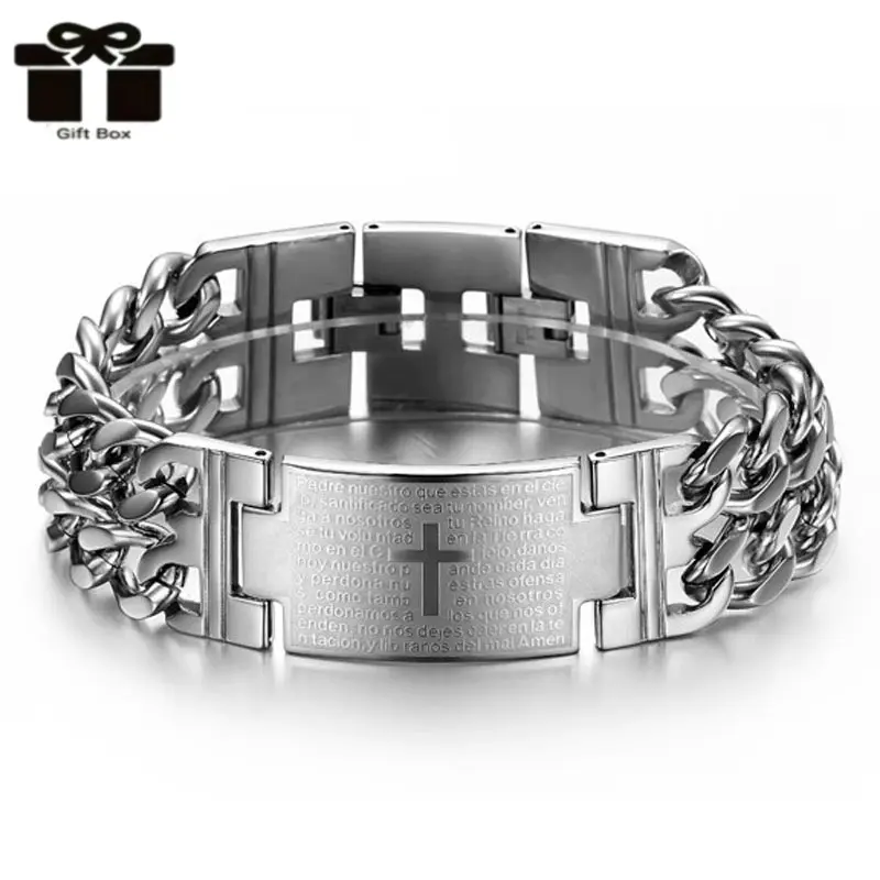 Punk-Style Men's Titanium Steel Bracelet with Engraved Cross, Bible Verse Bracelet, Chunky Stainless Steel Chain, Durable Hypoallergenic Men's Accessories, Ideal for Guys Gifts, Gifts for Him, Spiritual Faith Wear Jewelry