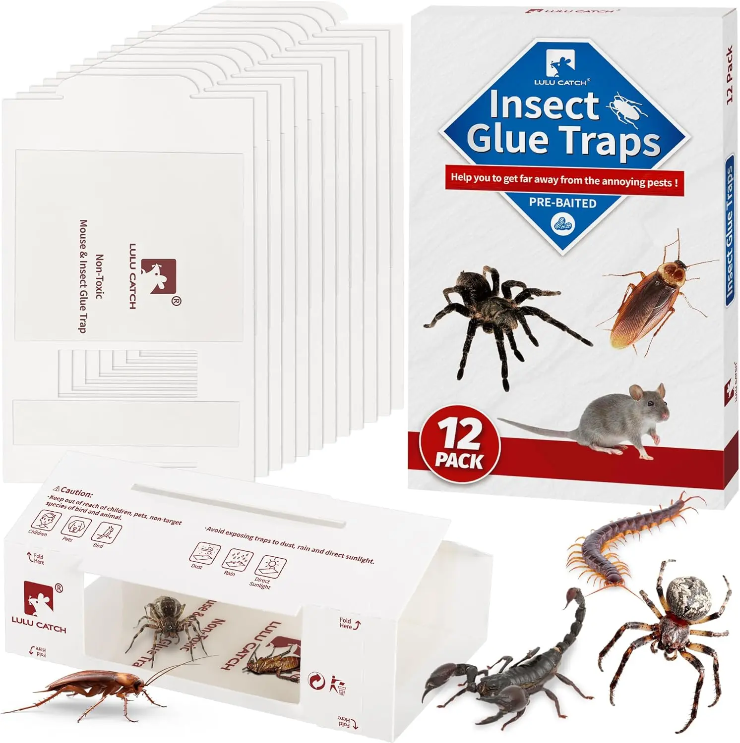 Mouse Traps, 12Pack Pre-Baited Sticky Mouse Traps Indoor for Home, Non-Toxic Bulk Sticky Pads, Glue Traps for Rats, Bugs, Spider, Mice, Cockroach, Pet Safe, Easy to Use