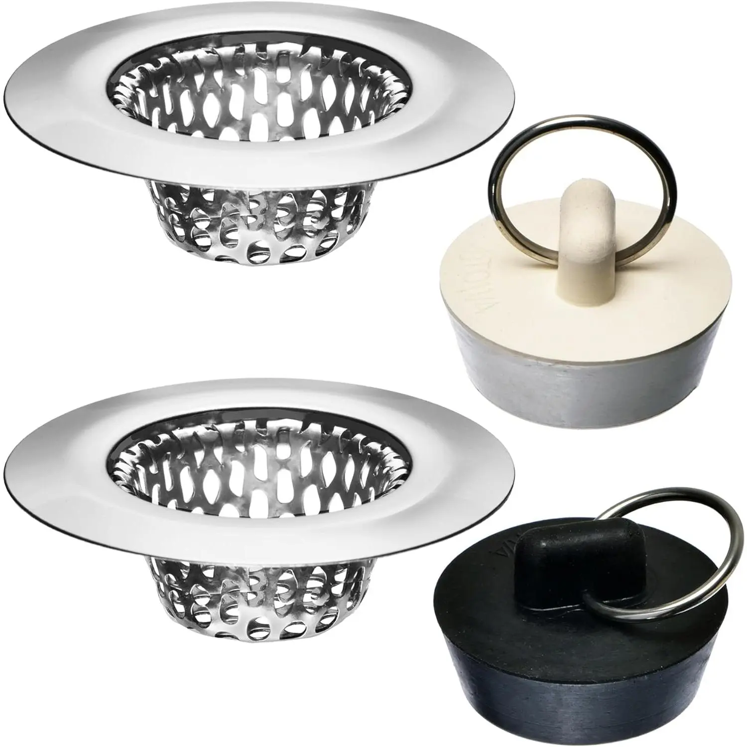 4 - Bathroom Sink Strainers and Stopper Plug (Use Separately) - 2.125" Top / 1" Basket, Stainless Steel Strainers and Rubber Plug Stopper for Standard Bathroom, Utility, Slop and RV Sink. Metal