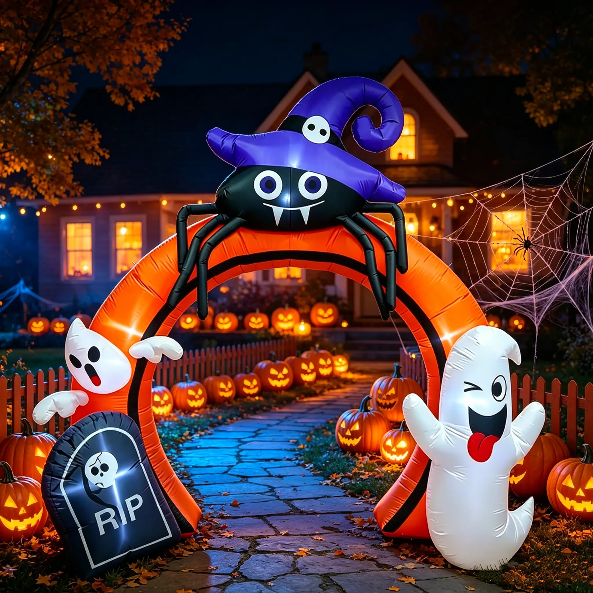 9.5Ft Inflatable Outdoor Holiday Arch Decor - TikTok-Popular Trim, Violet Hat Spider, Cheerful Ghost, Stone Ornament, Atmosphere Light, Weather-Resistant, Foldable for Home Exterior Autumn Party Kids Decor