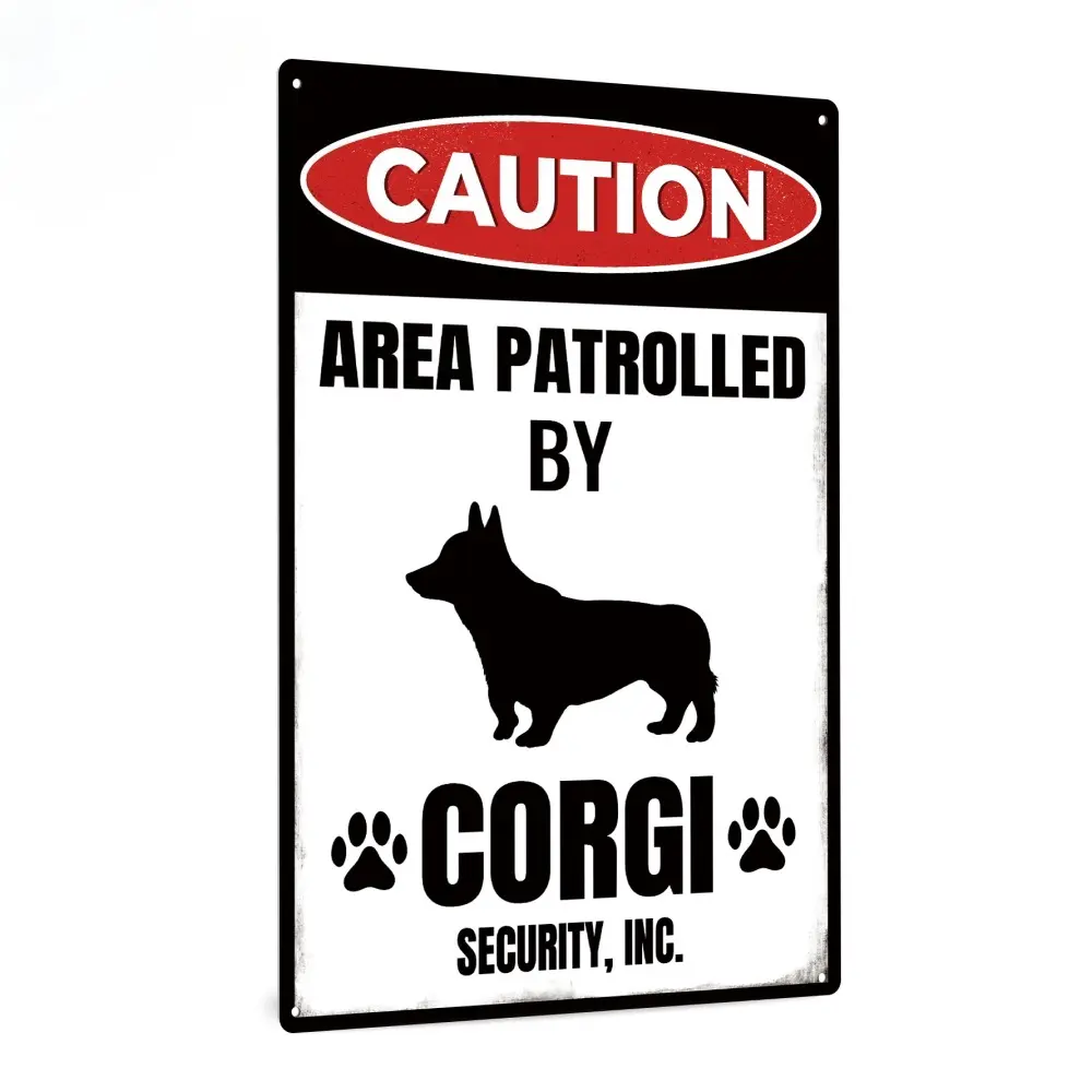7.8x11.8 in Vintage Metal Tin Sign - Corgi Themed "Area Patrolled By Corgi Dog" Wall Hanging, Durable, Fade-Resistant, Easy-Install, Weatherproof Home Decor Plaque for Farm Fence, Outdoor Use, 7.8 X 11.8 Inches