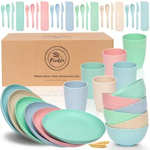 FOODLE Wheat Straw Dinnerware Set for 6 - Plates, Bowls, Cups & Cutlery - BPA Free, Microwave & Dishwasher Safe, Eco-Friendly Tableware for Kids & Adults