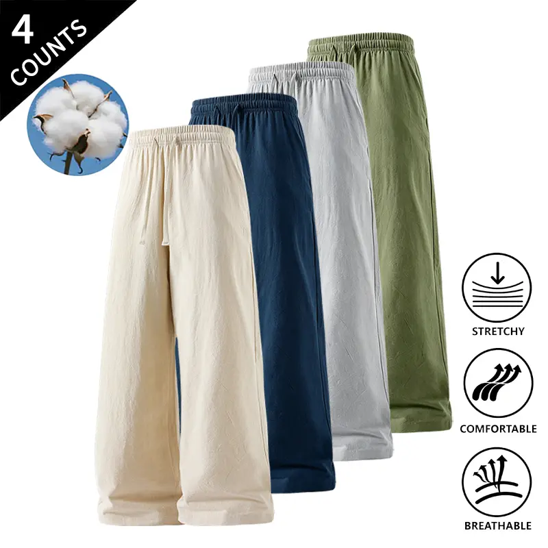 Summer wins! Men’s 4-Pack Vacation Casual Pants – Wide-Leg, Lightweight & Breathable, Stretch Drawstring Pants for Casual Summer Outfits