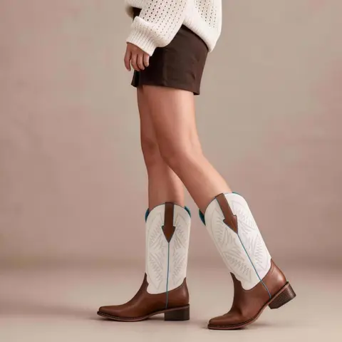 Women's Pull-On Western Wide Calf Boots - Square Toe, Embroidered Shaft, Chunky Heel Style, Rubber Sole, Cowboy Aesthetic, Footwear for Fall Rodeo, Country Concert Ootd (Walking Shoes, All Seasons, TikTok Shop Spring Glowup)