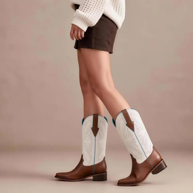 Women's Pull-On Western Wide Calf Boots - Square Toe, Embroidered Shaft, Chunky Heel Style, Rubber Sole, Cowboy Aesthetic, Footwear for Fall Rodeo, Country Concert Ootd (Walking Shoes, All Seasons, TikTok Shop Spring Glowup)