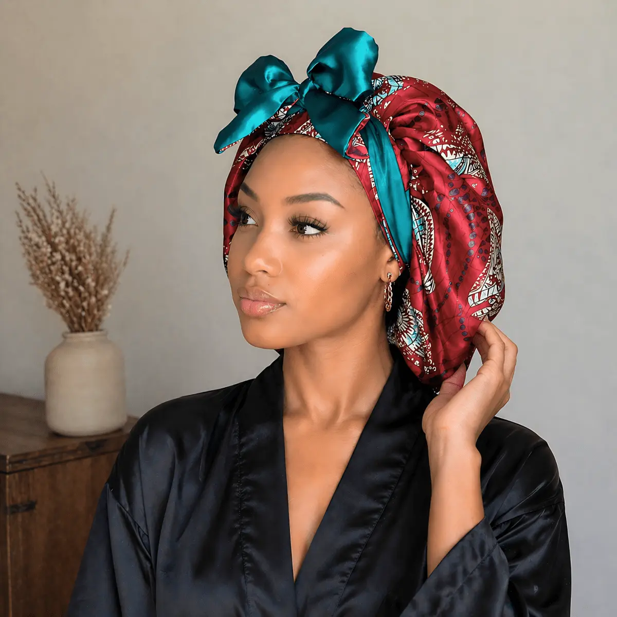 Reversible All-Satin Tie Bonnet | Red & Teal Ankara Print