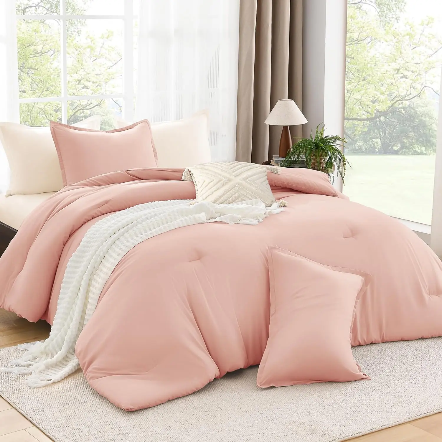 Queen Comforter Blush Pink, Boho Fluffy Comforters  Sets for Women, Lightweight Bedspread Dorm Bedroom for Adults (90x90In Comforter)