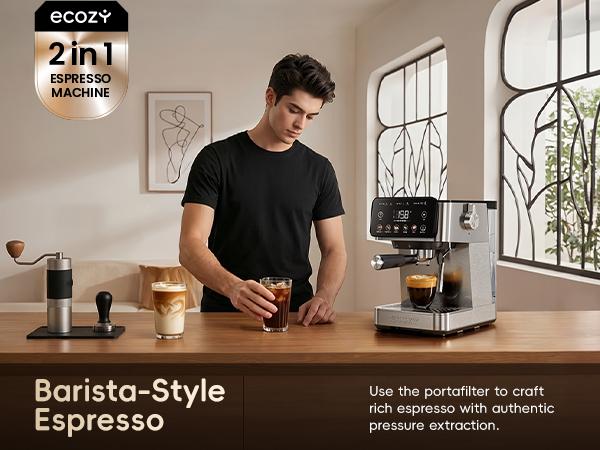 ecozy 2-in-1 Espresso Machine - LED Touch Screen, 20 Bar Pump, Home Coffee Bar, All in One with Drip Coffee, Hot Water and Milk Frother,  Stainless Steel Coffee Maker, Brezzano Core Series Coffee Machine for Cappuccino, Latte, Americano, tiktokshopsp summ