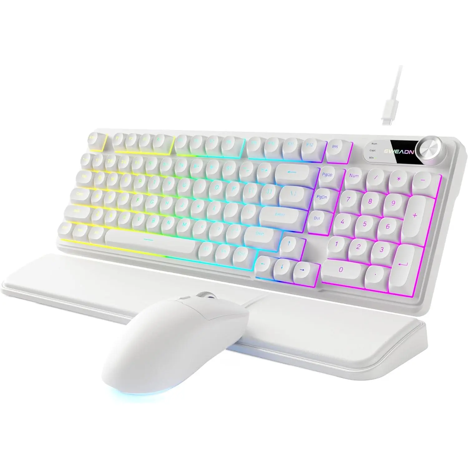 EWEADN Wired Keyboard and Mouse Combo with Detachable Wrist Rest, Quiet Ergonomic Keyboard Mouse Set with Multimedia Knob, RGB Backlit, Double-Shot Keycaps Natural Typing for Laptop, PC - White