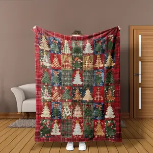 New Christmas Tree Pattern Flannel Blanket, Plaid Background, Holiday Decoration Design, Soft Comfortable Warm, Home Office Car Use