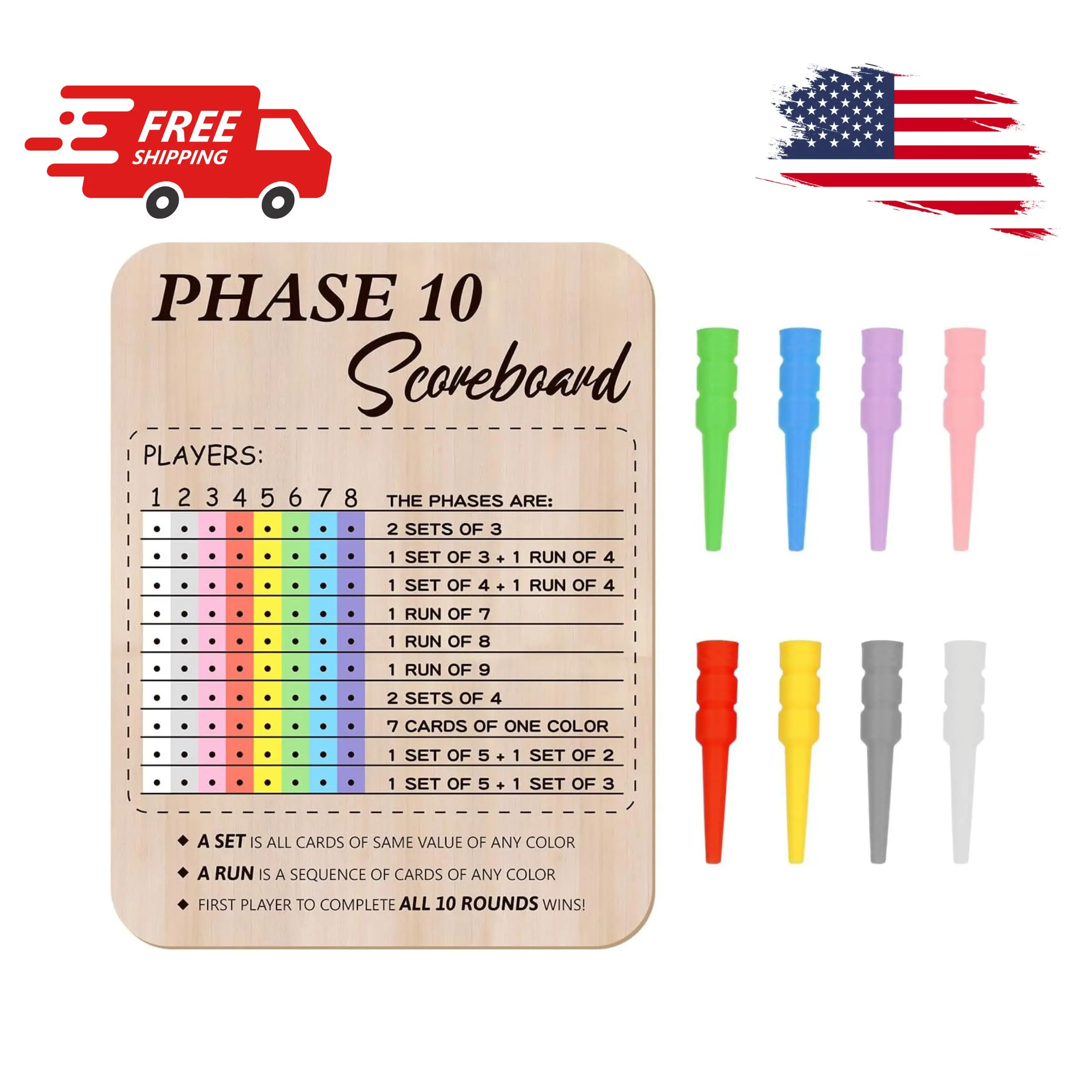 Wooden Phase 10 Scoreboard Set with 8 Colored Pegs