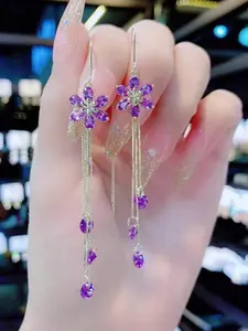 2pcs/Pair New Arrival Purple Crystal Flower Threader Earrings, Korean Style Tassel Long Drop Earrings, Elegant Accessory