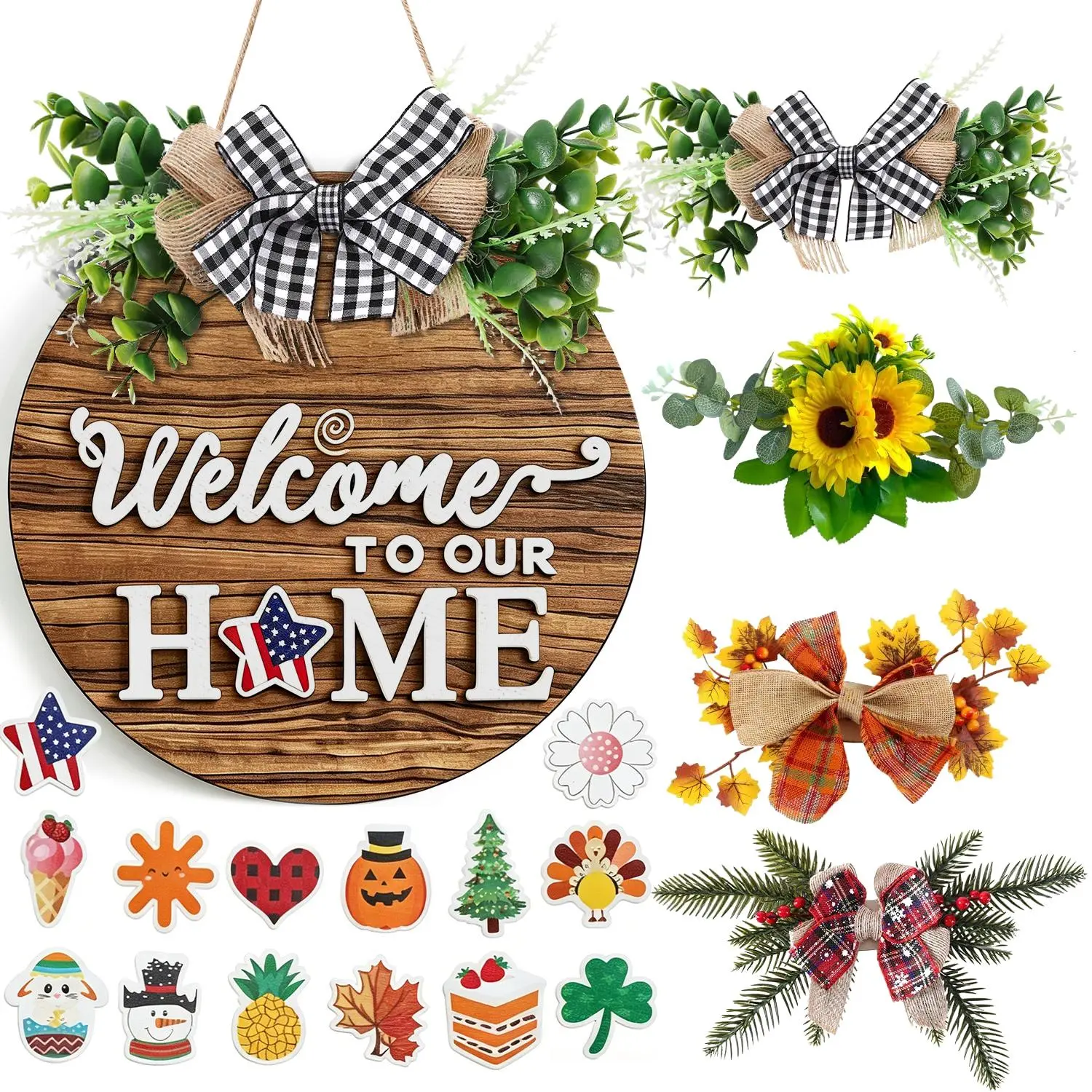 Interchangeable Seasonal Welcome Sign Front Door Decoration, Rustic Round Wood Wreaths Wall Hanging Outdoor, Farmhouse, Porch, for Spring Summer Fall All Seasons Holiday Halloween Christmas