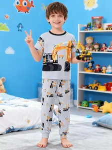 Boy's Excavator Print Tee & Pants Cartoon Print Pajama Two-Piece Set, Casual Comfy Round Neck Short Sleeve T-Shirt & Trousers, Summer Sleepwear Set for Boys