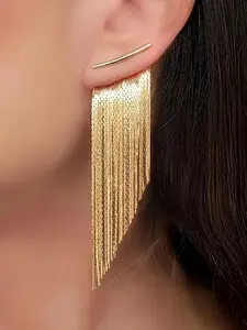 Golden Chain Tassel Dangle Earrings, Elegant Style 14k Plated Jewelry, Trendy Female Gift, Fashion Accessory
