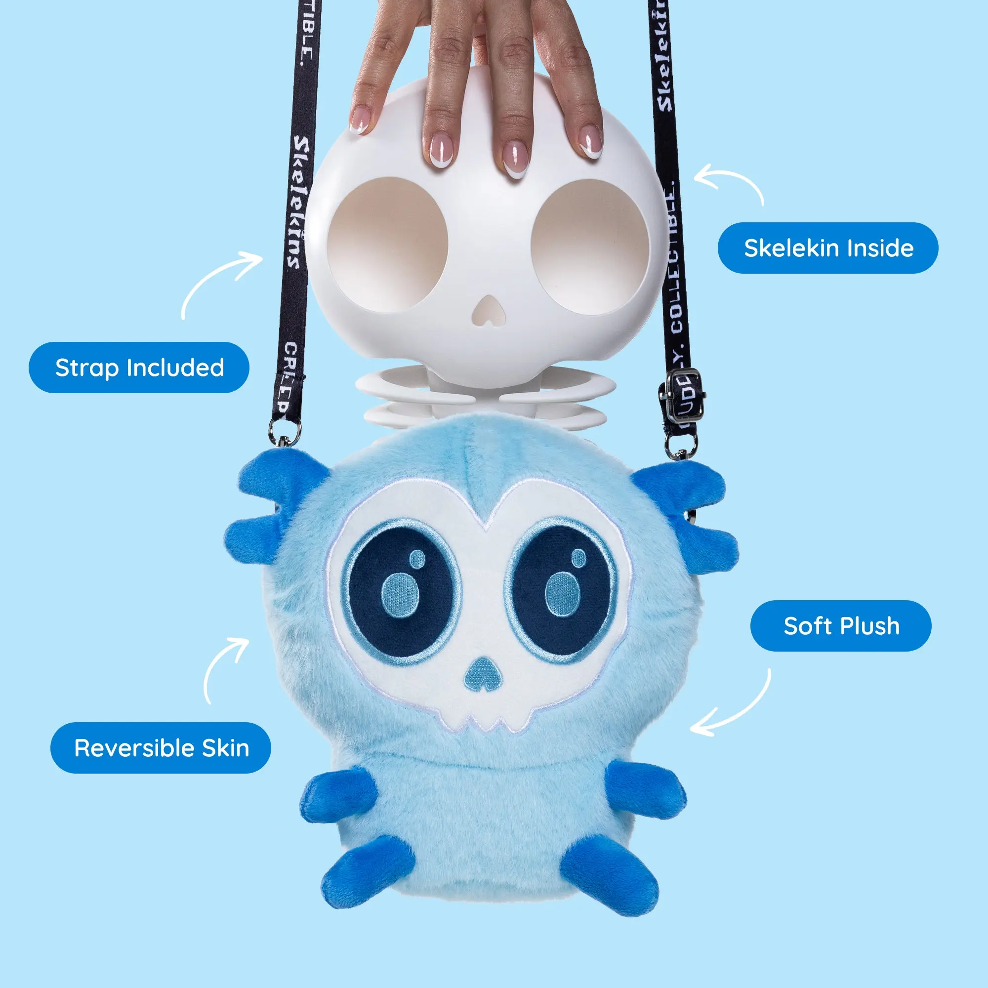 Skelekins Hope - Series 1 Collectible Plush | Creepy Cute Skeleton Toy with Reversible Skin, Zip-Off Reveal & Wearable Bag Strap - Sticker Sheet Included, Trendy Gift for Tweens & Collectors