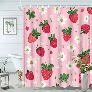 1 strawberry pattern | Polyester fabric bathtub partition hanging cloth with 12 hooks, bathroom bathtub cover curtain, bathroom decorative curtain, bright animal illustration, comfortable decoration, machine washable