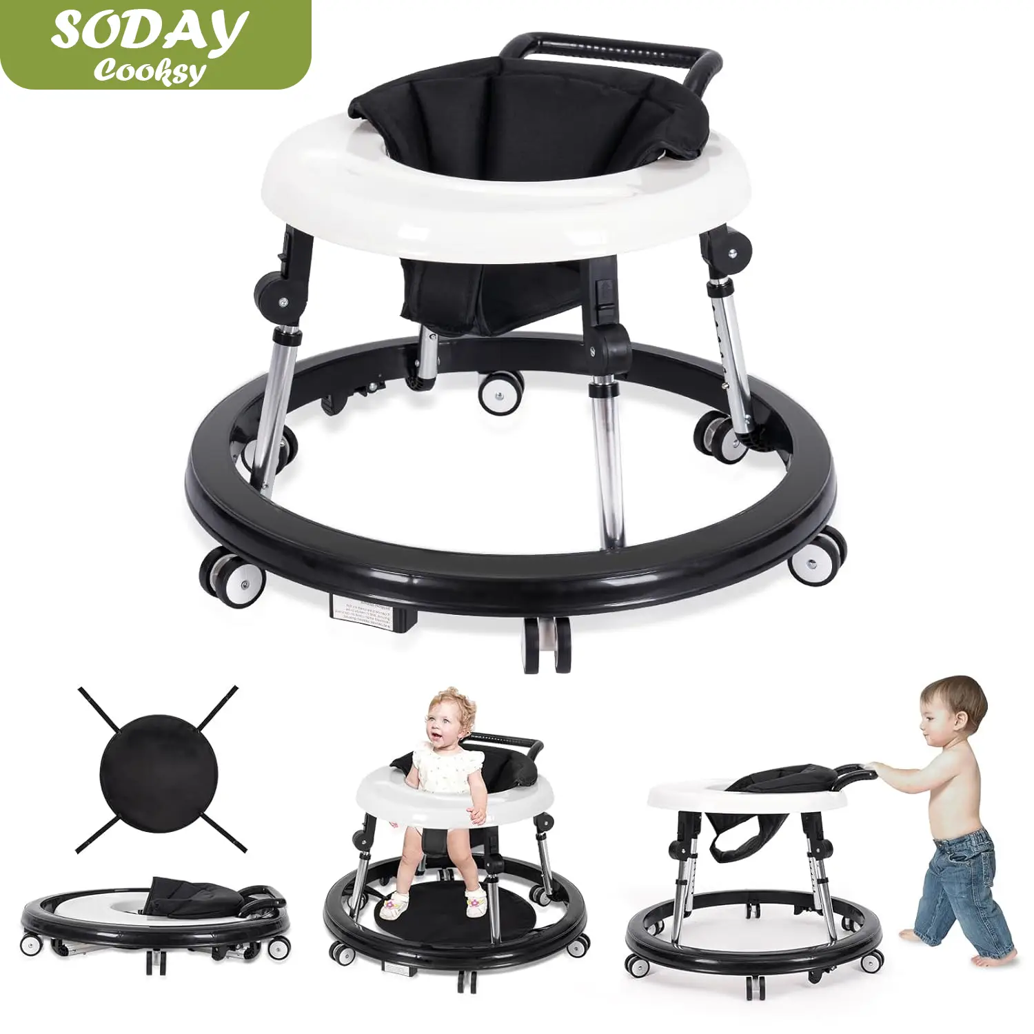 Baby Walker Foldable with 9 Adjustable Heights, 6-12 Months Baby Walkers, with Wheels Portable Anti-Rollover,Valentine's Day gift