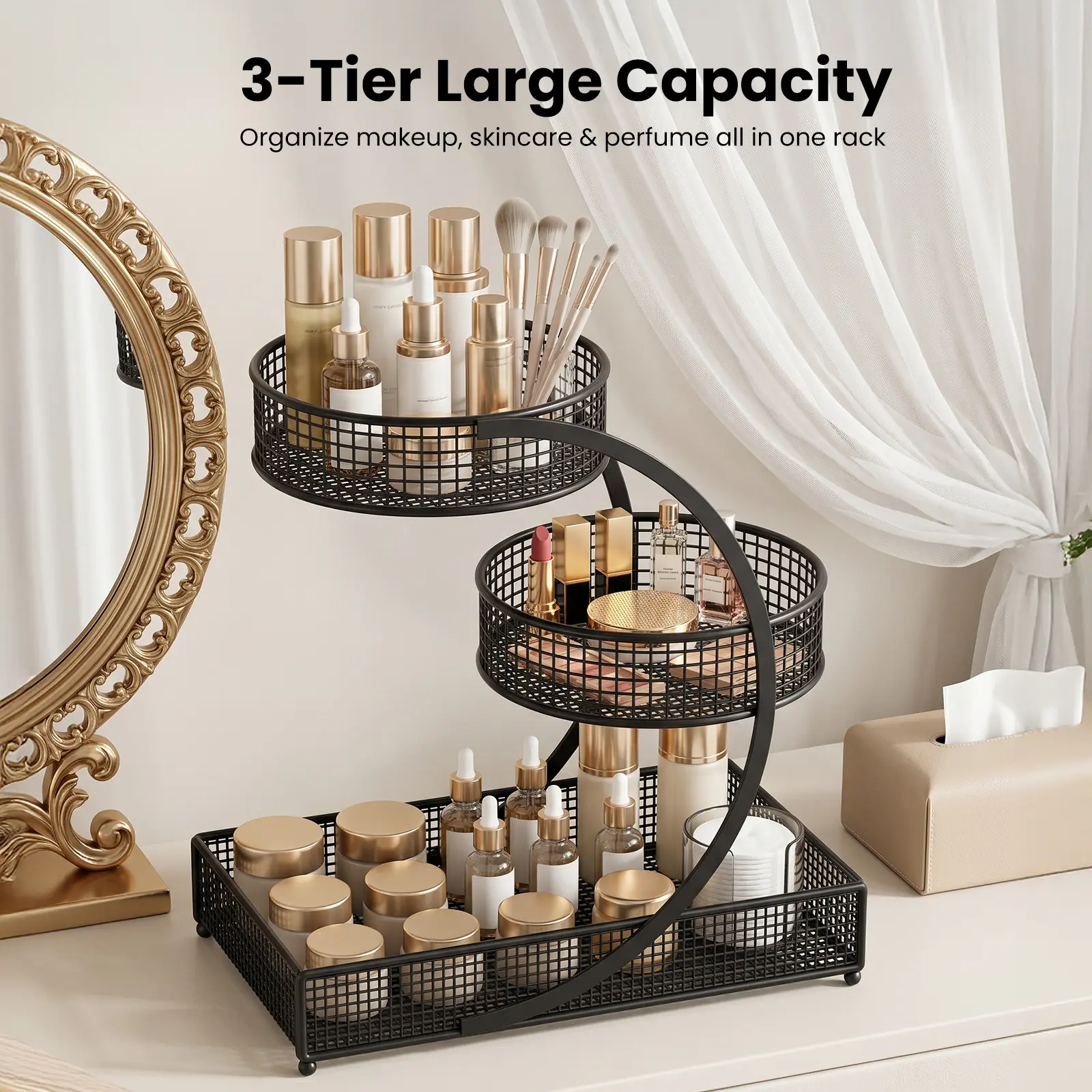 3-Tier Tiered Metal Storage Basket, Space-Saving Countertop Organizer for Bathroom, Bedroom & Kitchen, Multipurpose Rack for Cosmetics, Fruits and Daily Supplies (Black)