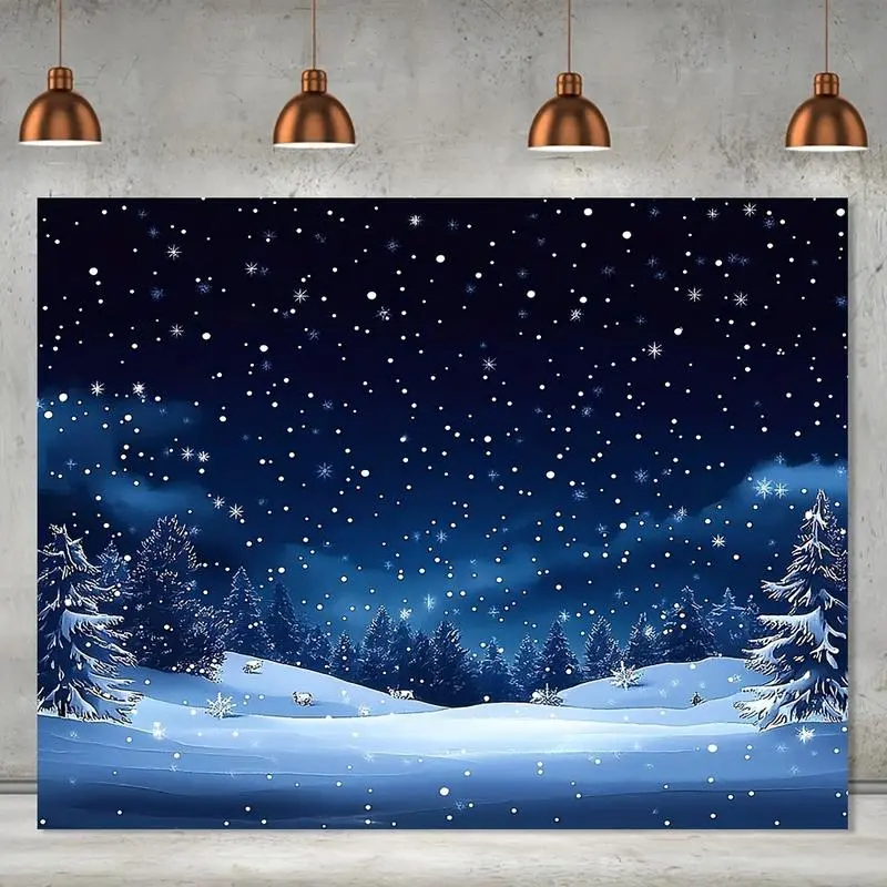 Rustic Look Lightweight Durable Polyester Christmas Night Sky Backdrop Banner - Geometric Snowy Landscape, Falling Stars, Bonfire Accent, Festive Decoration for Holiday Parties, New Year Celebrations