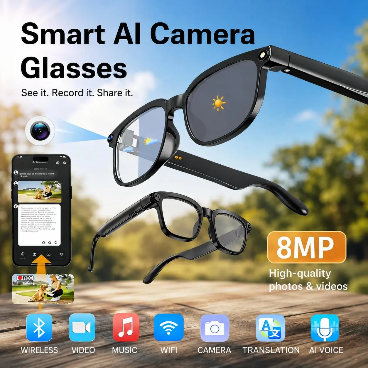 AI Smart Glasses with Camera, 8MP Photochromic Lenses, Button-Touch Adjustment, Bluetooth Wireless Wearable, Hands-Free Photo/Video Recording, 160+ Language Translation, UV Protection for Travel & Outdoor Adventures
