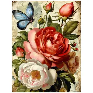 Vintage Rose Butterfly Floral Art Painting Diamond Painting 5D DIY Diamond Painting Kit Full Drill Square Round Diamonds Embroidery Cross Stitch Art Craft, Handmade Gifts, Home Wall Decor For Living Room Bedroom Office Handmade Decorative Painting Set