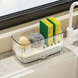 Durable Plastic Multi-Functional Sink Rack with Drainage Shelf and Dish Towel Holder - No Electricity Needed, Countertop Storage for Sponges, Soap, Brushes, Cloths, Kitchen Sink Accessory Organiser