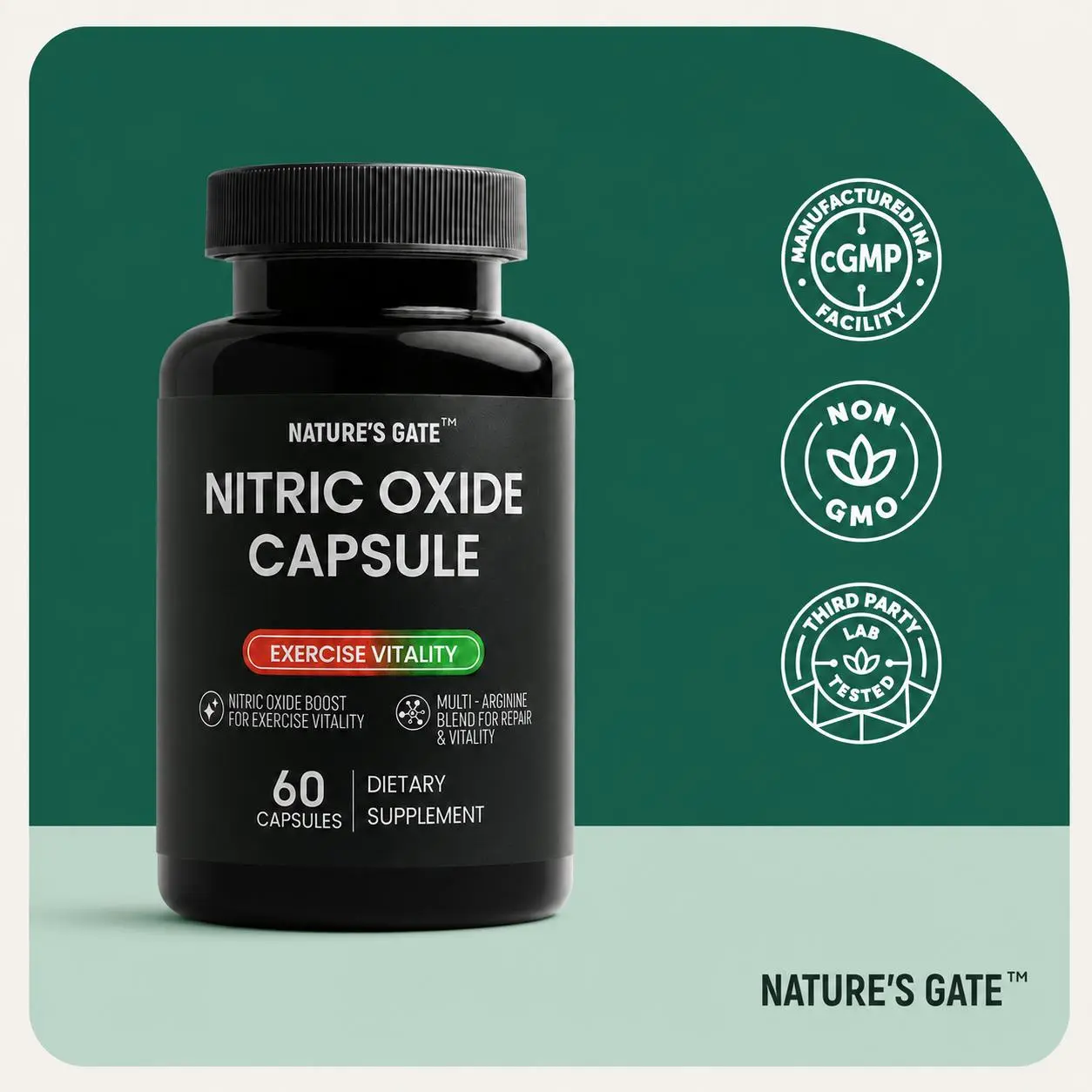 Nature’s Gate Nitric Oxide Support Capsules, 5-in-1 L-Arginine & L-Citrulline Complex, Blood Flow, Exercise Performance, Energy & Endurance Support, 60 Capsules
