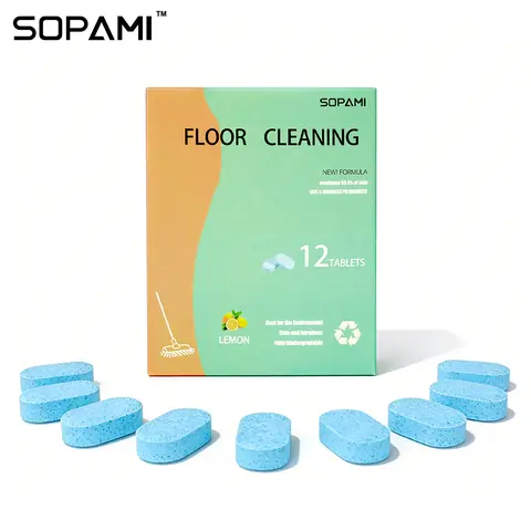 SOPAMI Solid Lemon Scented Floor Cleaner Tabs (12-Pack) - Eco-Friendly Home Care Supplies, Non-Aerosol All-Surface Cleaner, Powerful Stain Remover, Odor Control Clean Floors Solution