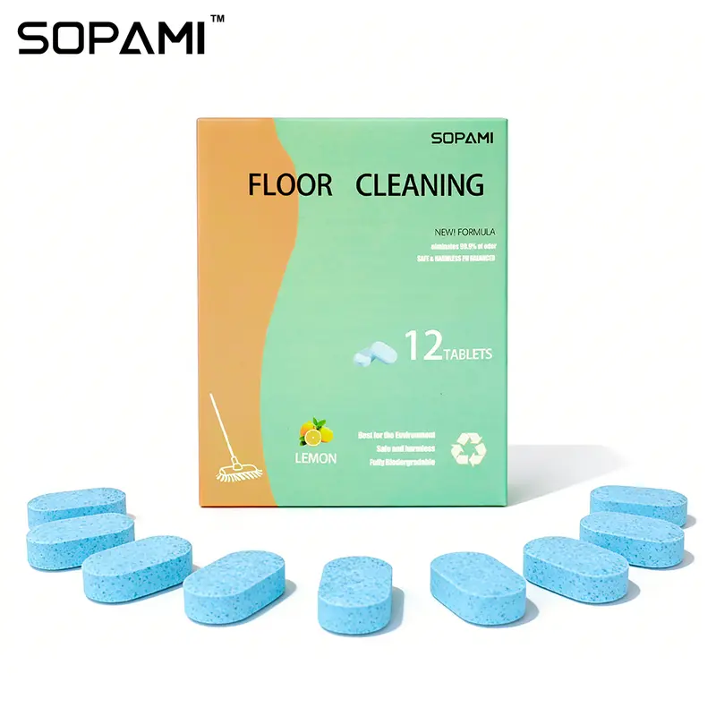 SOPAMI Solid Lemon Scented Floor Cleaner Tabs (12-Pack) - Eco-Friendly Home Care Supplies, Non-Aerosol All-Surface Cleaner, Powerful Stain Remover, Odor Control Clean Floors Solution