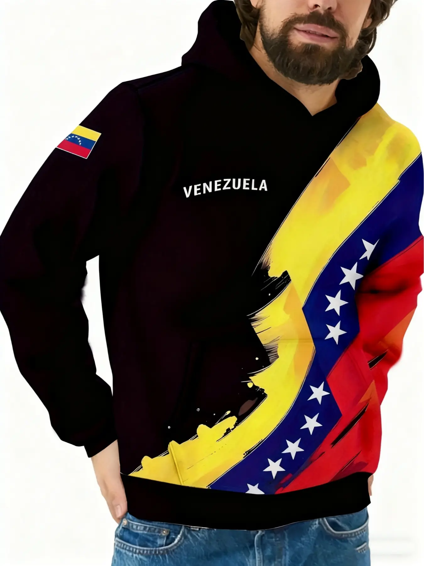 Men's Venezuela Flag Inspired 3D Hoodie, Sweatshirts, Long Sleeve, Fitted, Contrast Design, Ethnic Print, Bold Letters and Stars, Fall Casual Pullover, Casual Streetwear Hoodie