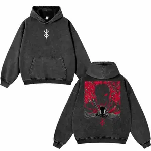 Anime Berserk Washed Hoodie, Retro Gothic Graphic Apparel, Oversized Menswear And Women Menswear Tops, Gym Pump Cover, Hip Hop Y2K Graphic Apparel, Gift For Him