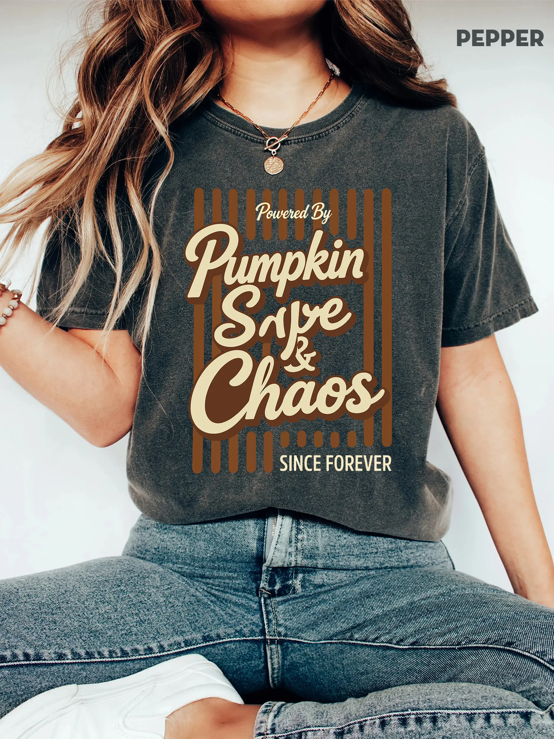 Comfort Colors Striped Funny Pumpkin Spice And Chaos Trendy Fall Autumn Shirt, Preppy Coffee Pumpkin Cozy Vibes Tee Casual Cotton