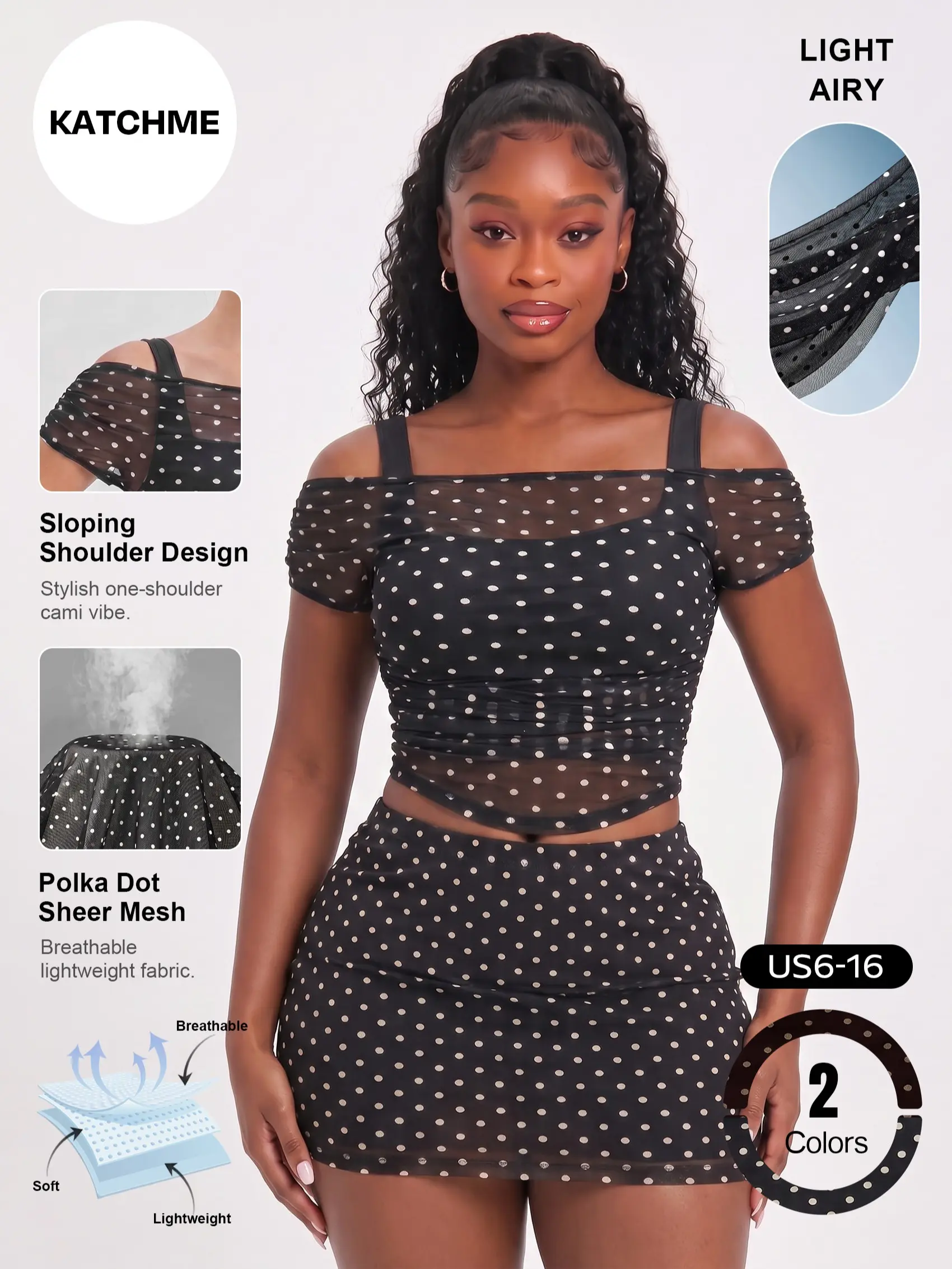 Katch Me Chic Women's Vibrant Polka Dot Sloping Shoulder Shirred Waist Crop Top & Skirt Co-ord, Lightweight Mesh Sheer Flattering Two Piece Sets, Summer Pill-Resistant Matching Set #TikTokMadeMeBuyIt #SummerEssentials #DateNightSet #OOTD
