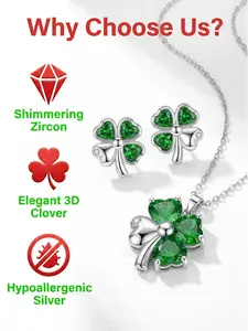 Four Leaf Clover Jewelry Set- Green Cubic Zirconia Necklace & Stud Earrings