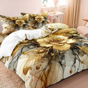 3pcs Soft Breathable Marble & Golden Rose Duvet Cover Set | Polyester Bedding with Zipper Closure, Digital Print Floral Theme, Machine Washable, All-Season Comfort for Bedroom ( Includes 1 Duvet Cover + 2 Pillowcases, No Insert)
