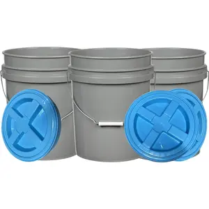 5 Gallon Food Grade Made in USA Plastic Bucket with Screw On Air Tight Double Gasket lid, (Pack of 3) (Gray Buckets - Aqua Lids)