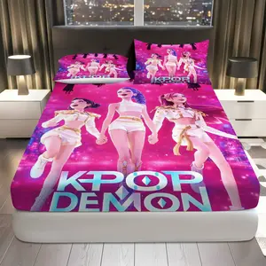 3Pcs Kpop Demon Music Star Fitted Sheet Three Piece Set (1*Fitted Sheet+2*Pillowcases), Celebration theme, Vibrant Bedding Set, Mattress protector Soft, Breathable, Soft Bed Sheets, Comfy Bed Sets