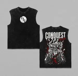 Invincible Conquest Vintage Acid Wash Graphic Collection: Oversized Men's T-Shirt & Muscle Tank Top. Heavyweight Gym Workout Pump Cover Streetwear.
