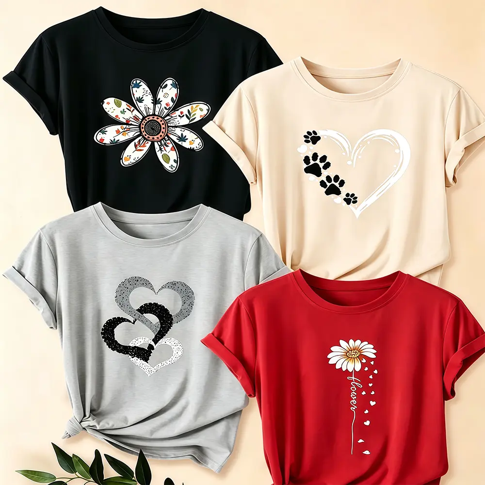Women's 4-Piece Vintage Floral Hearts Digital Printed T-Shirt Clothes Set - Casual Round Neck, Short Sleeve, 100% Soft Cotton Stretch Fabric, Multi-Color, Classic Fit, Easy Measuring Tip, for Summer, Everyday Wear