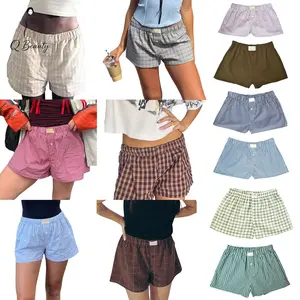 Women’s Plaid Print Shorts Elastic Low Waist Button Front Lounge Shorts Boxers Streetwear Lightweight Sport