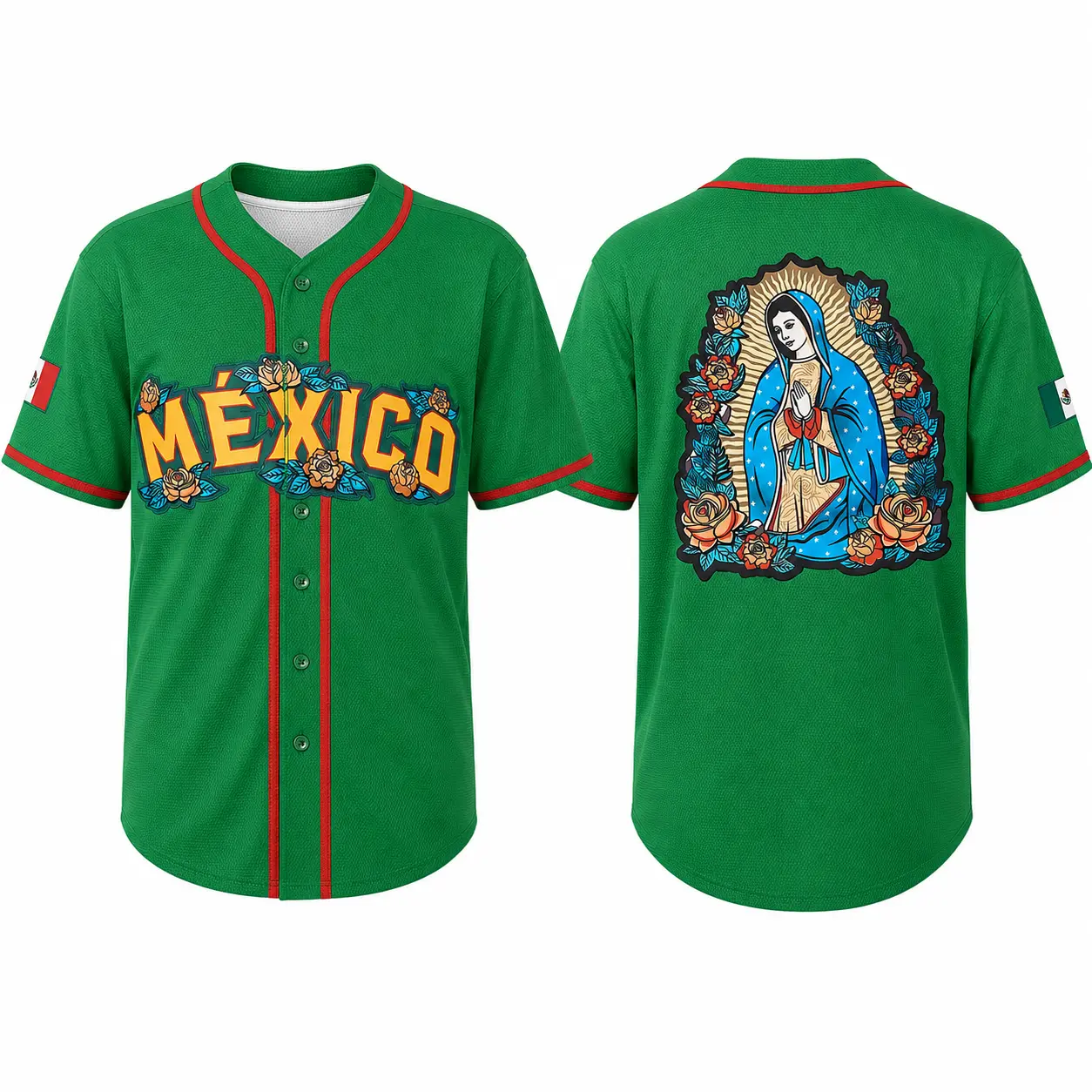 Men's V-Neck Polyester Mexico Guadalupe Embroidered Baseball & Softball Jersey Shirts - Button-Front Short Sleeve, Loose Cut Athletic Jersey, Breathable, Quick-Dry, Soft Comfort, Game Day Gift, Dry Wick, Back to School