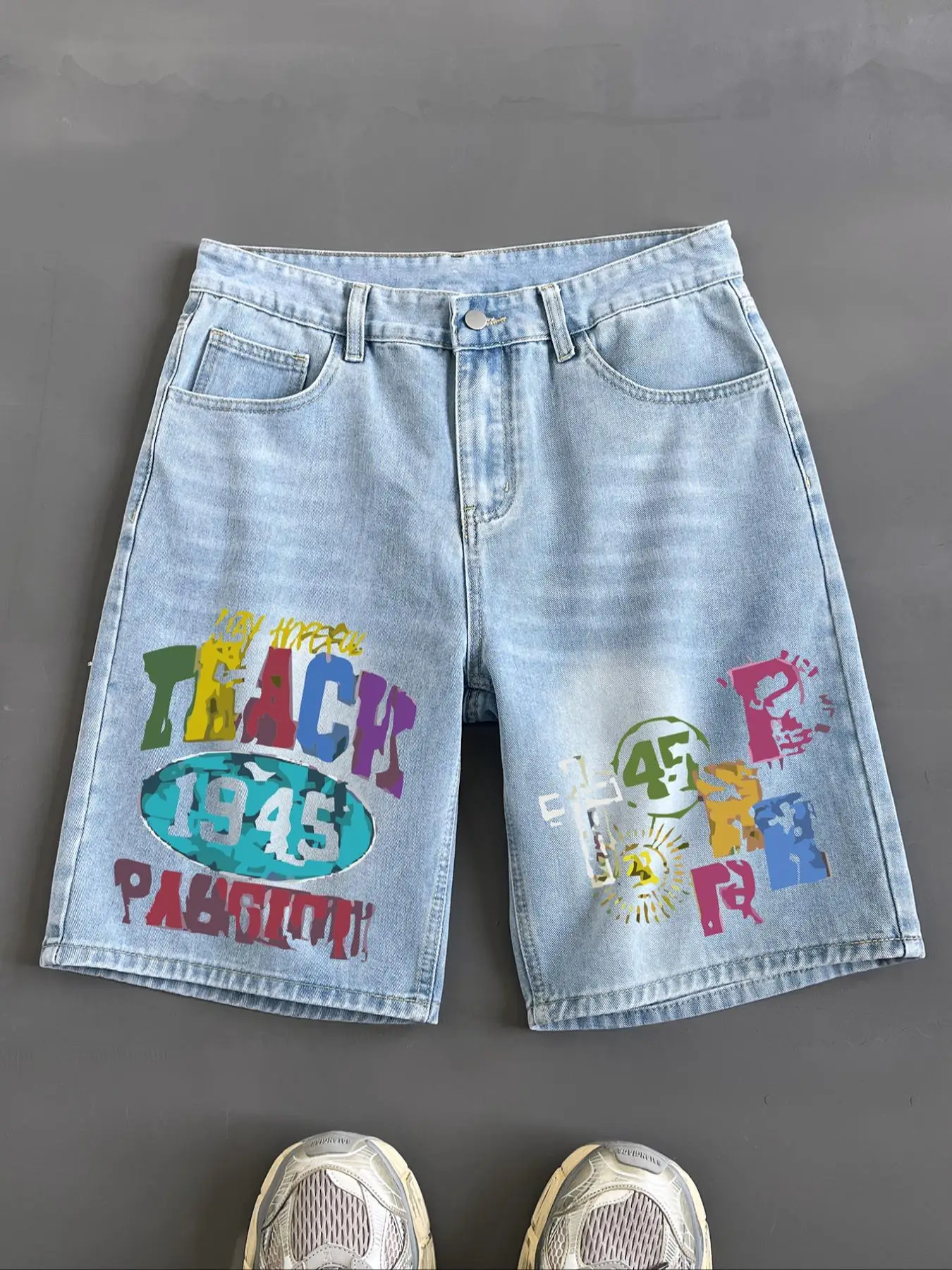 Men's Colorblock Letter Print Denim Shorts, Loose Casual Fashion Paint Splatter Shorts for Summer, Men's Bottoms for Daily Wear